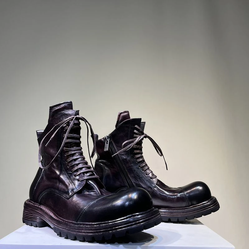 水洗马皮男固特异马丁靴厚底真皮底增高复古真皮高帮靴工装靴短靴