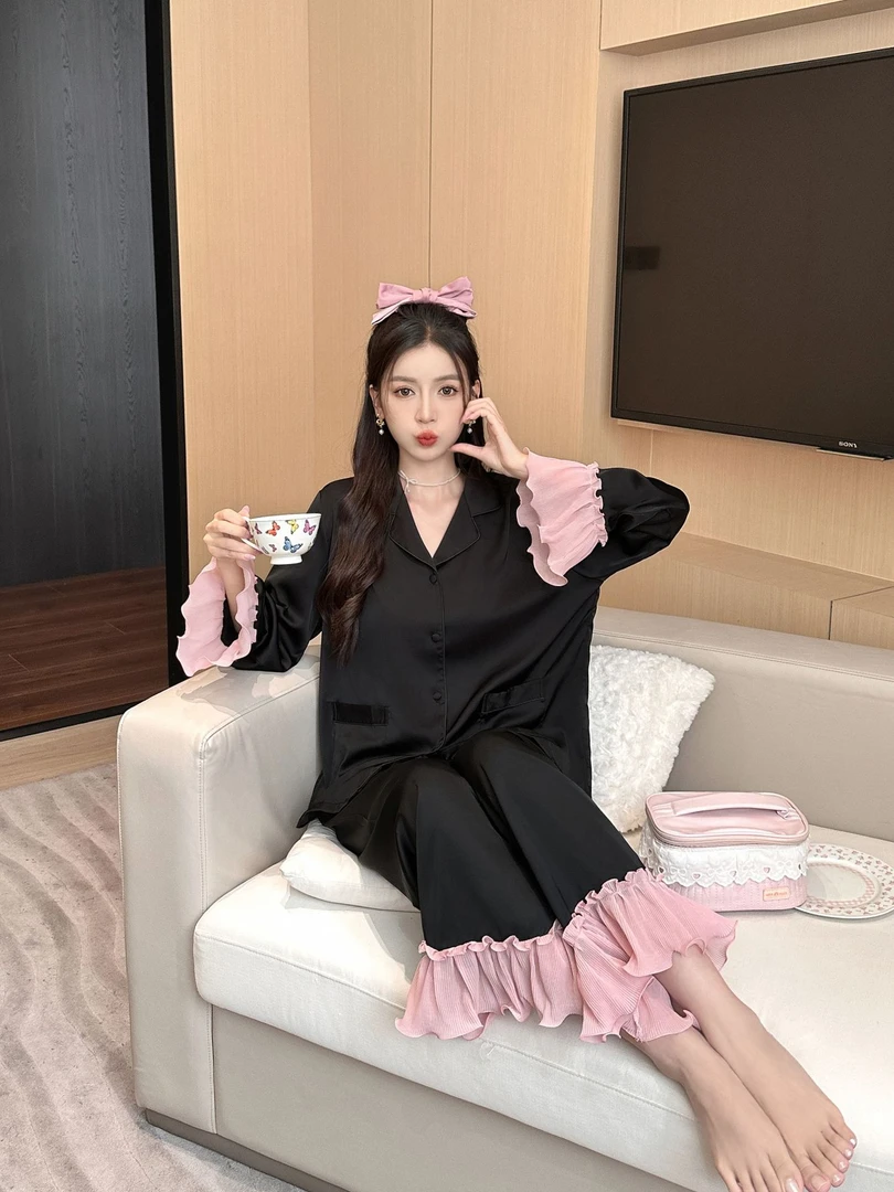 2025冰丝睡衣春夏季高级感荷叶边长袖宫廷风家居服少女甜美风睡衣