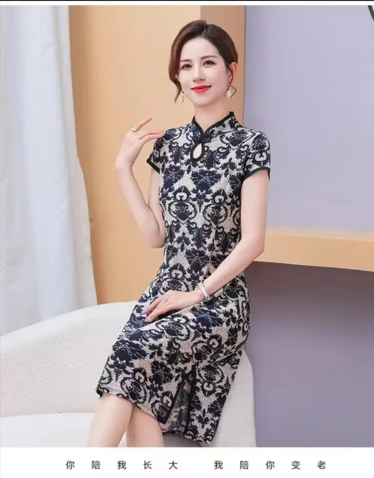 新款2025妈妈中式夏季短袖连衣裙改良旗袍时尚气质复古过膝裙子