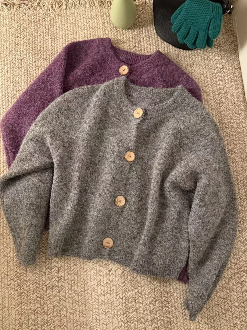 大妍【雾兰紫】小个子韩系简约百搭休闲宽松单排扣开衫毛衣8681