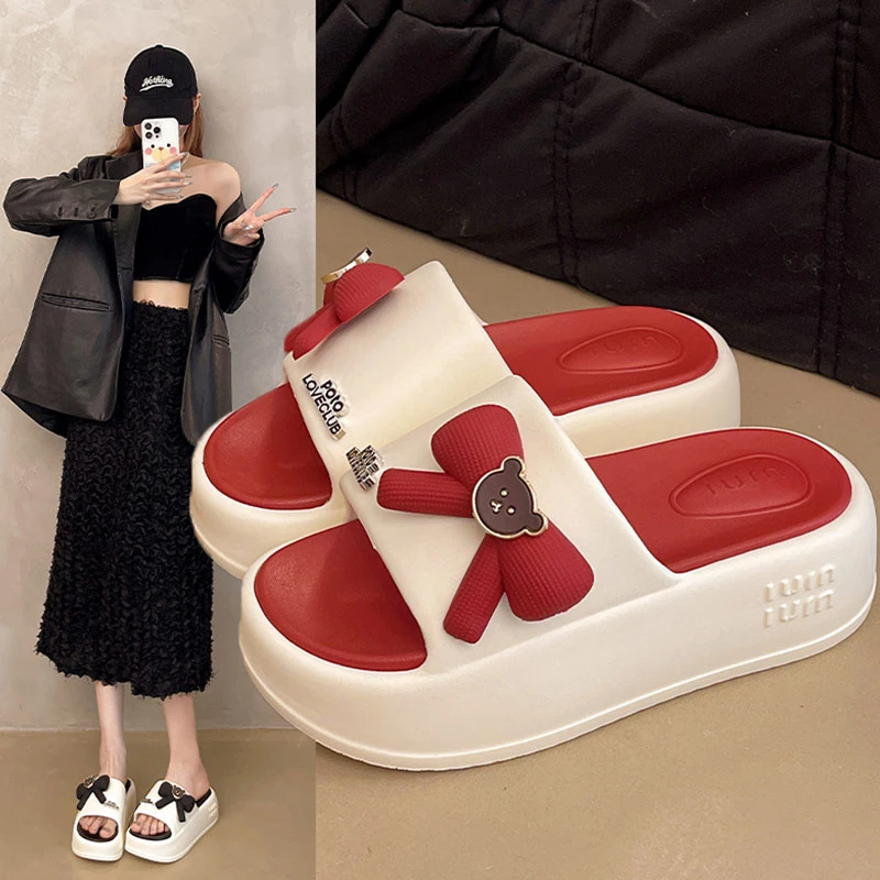 5.0厚底增高凉拖时尚百搭蝴蝶结可爱小熊EVA防滑拖鞋室内外穿夏季