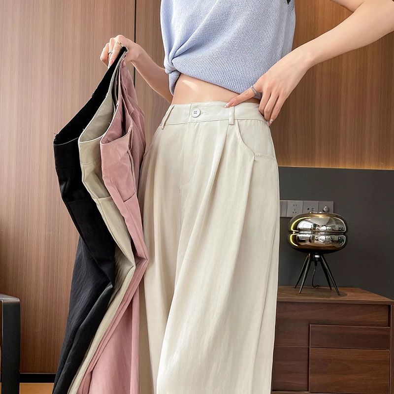 米白色冰丝凉凉阔腿裤女夏季薄款高腰显瘦垂感窄版直筒西装山本裤