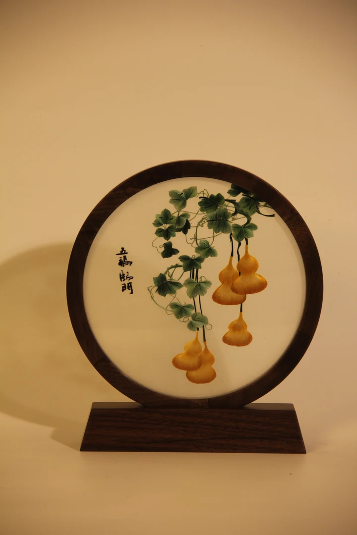 纯手工五福临门胡桃木双面苏绣精品摆件客厅玄关送人摆件锦盒包装
