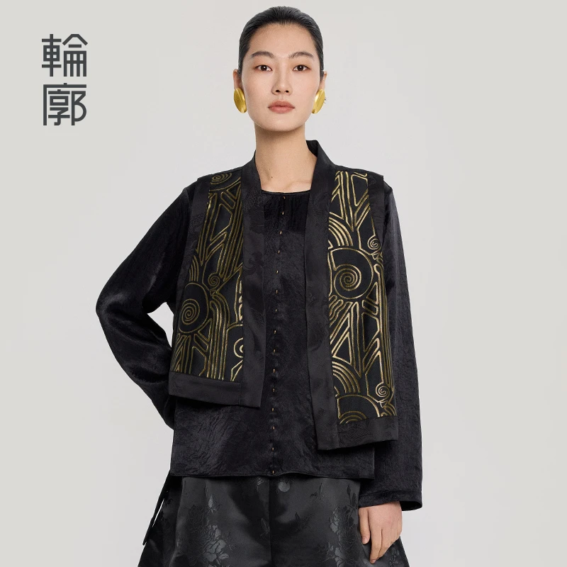 轮廓千秋岁L251Y051黑金复古提花马甲时尚休闲短款拼接宽松马夹