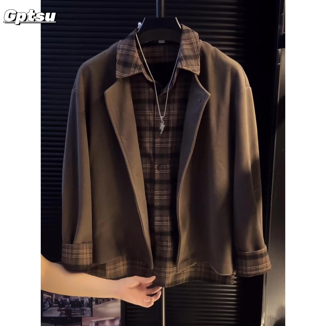 GPTSu韩版秋季新款男士衬衫时尚百搭假两件格子拼接外套长袖上衣