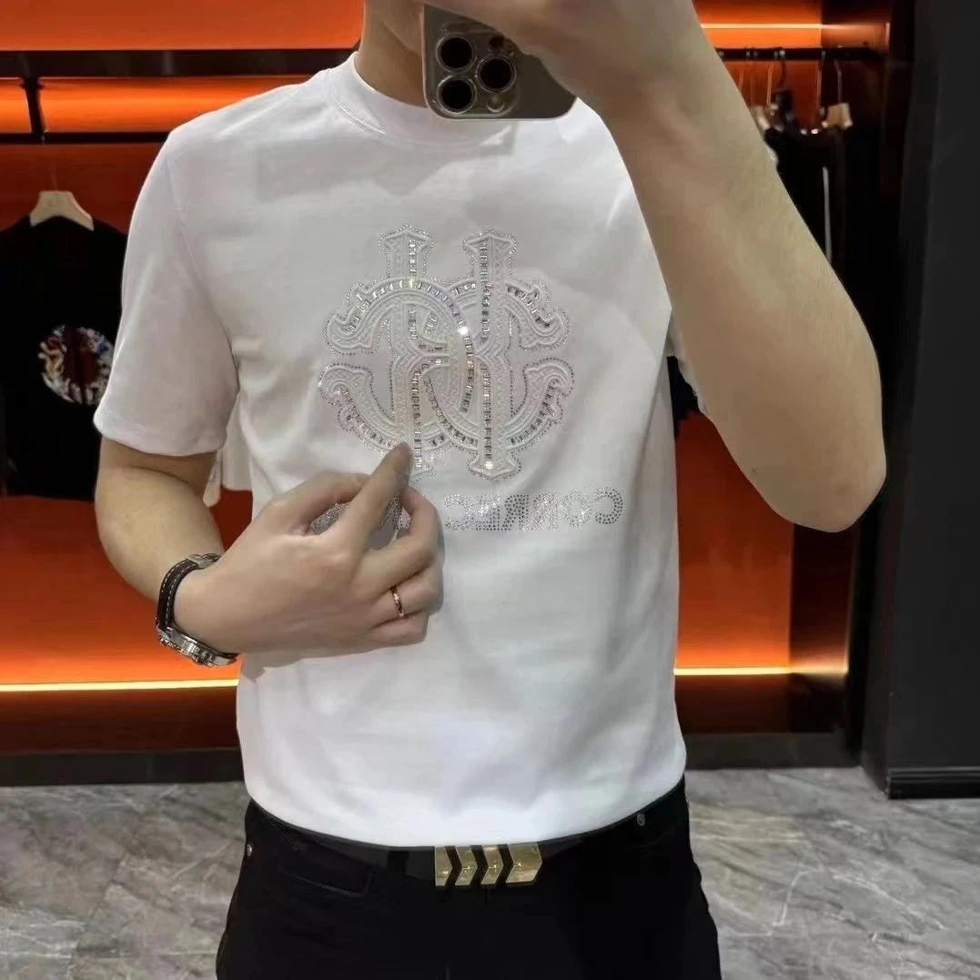 欧货烫钻短袖T恤男士夏季薄款潮牌时尚修身上衣休闲潮流百搭男装