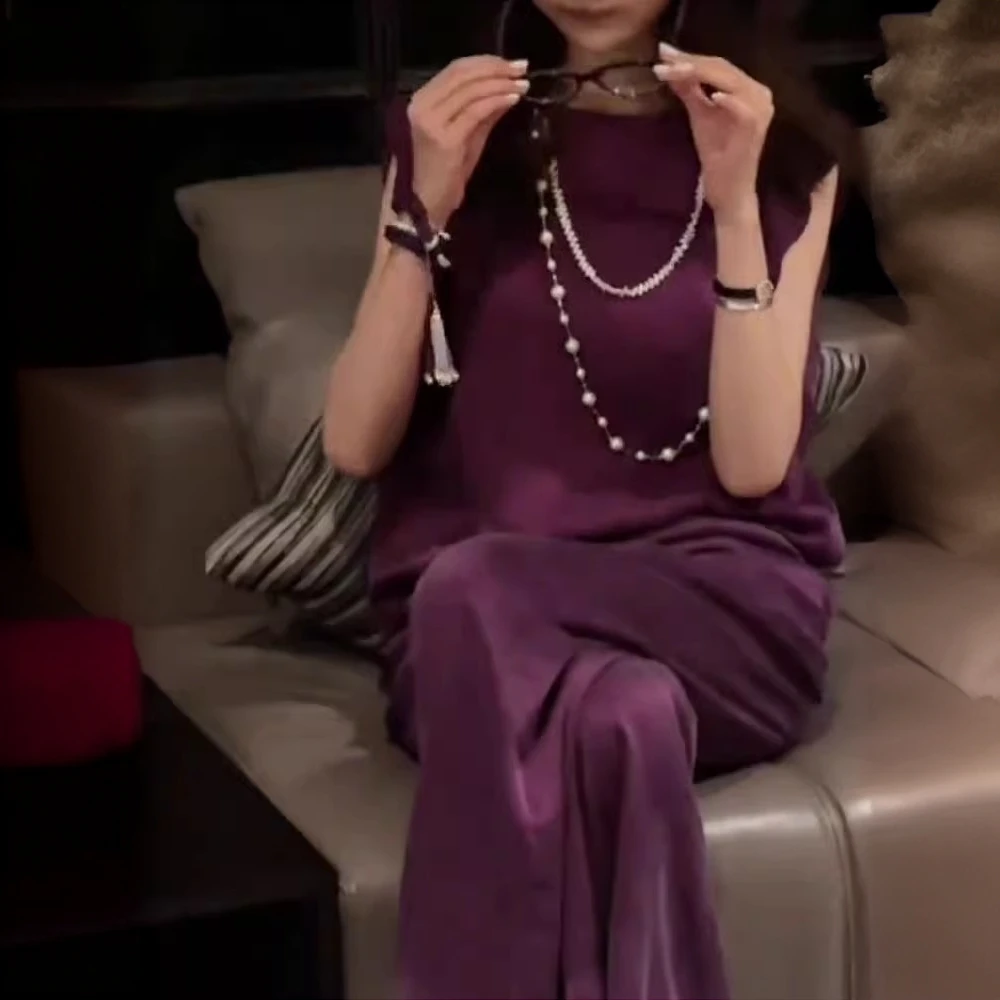 轻熟显白气质套装女2025夏季新款简约宽松紫色无袖上衣长裤两件套