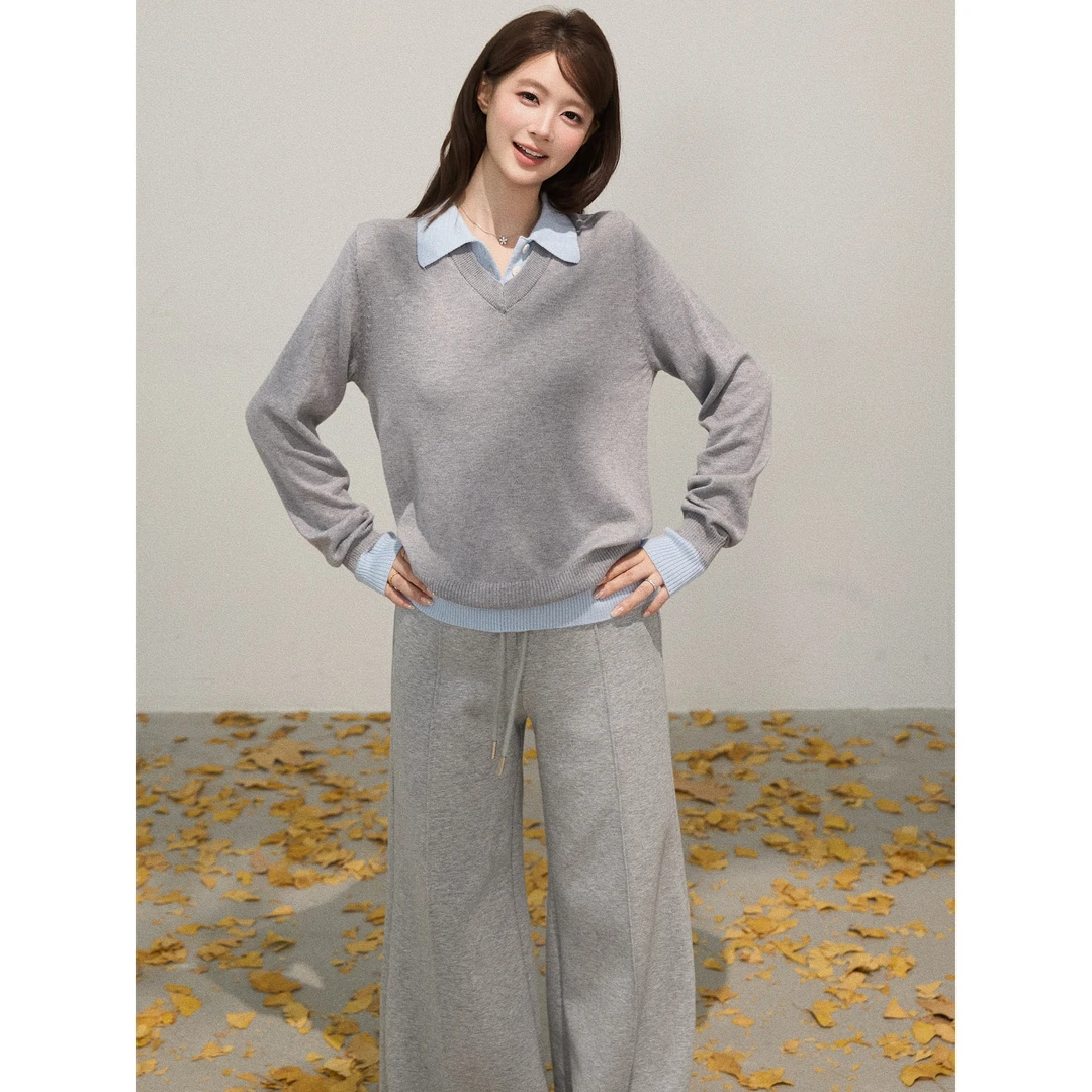 谢不肉 假两件撞色翻领长袖毛衣女秋季韩版休闲宽松百搭上衣50559