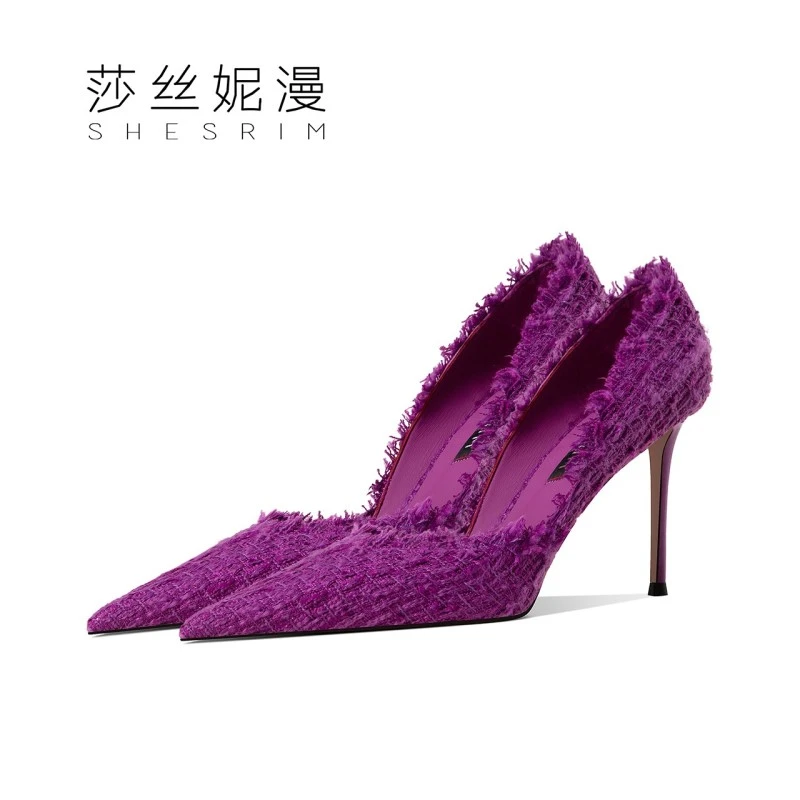 112-2024春季新款设计感时尚细跟单鞋尖头紫色编织高跟鞋女