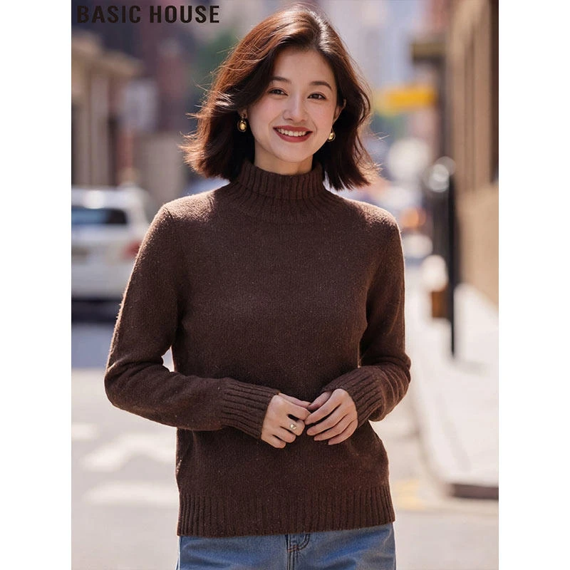 Basic House/百家好咖色高领毛衣100%绵羊毛长袖针织衫女2025冬季