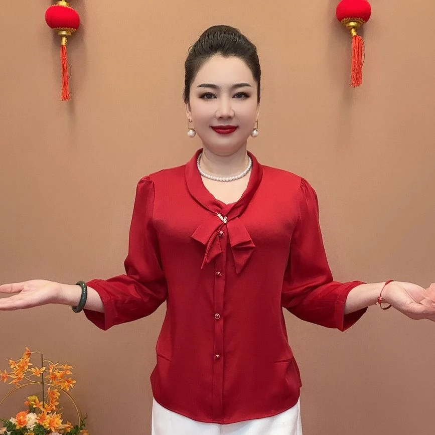 夏季新款简约通勤衬衣华贵优雅长袖套头衫