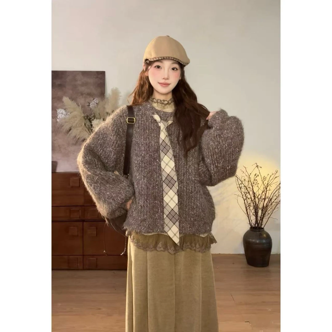 VGVL毛衣秋冬加厚复古慵懒感圆领宽松毛衣