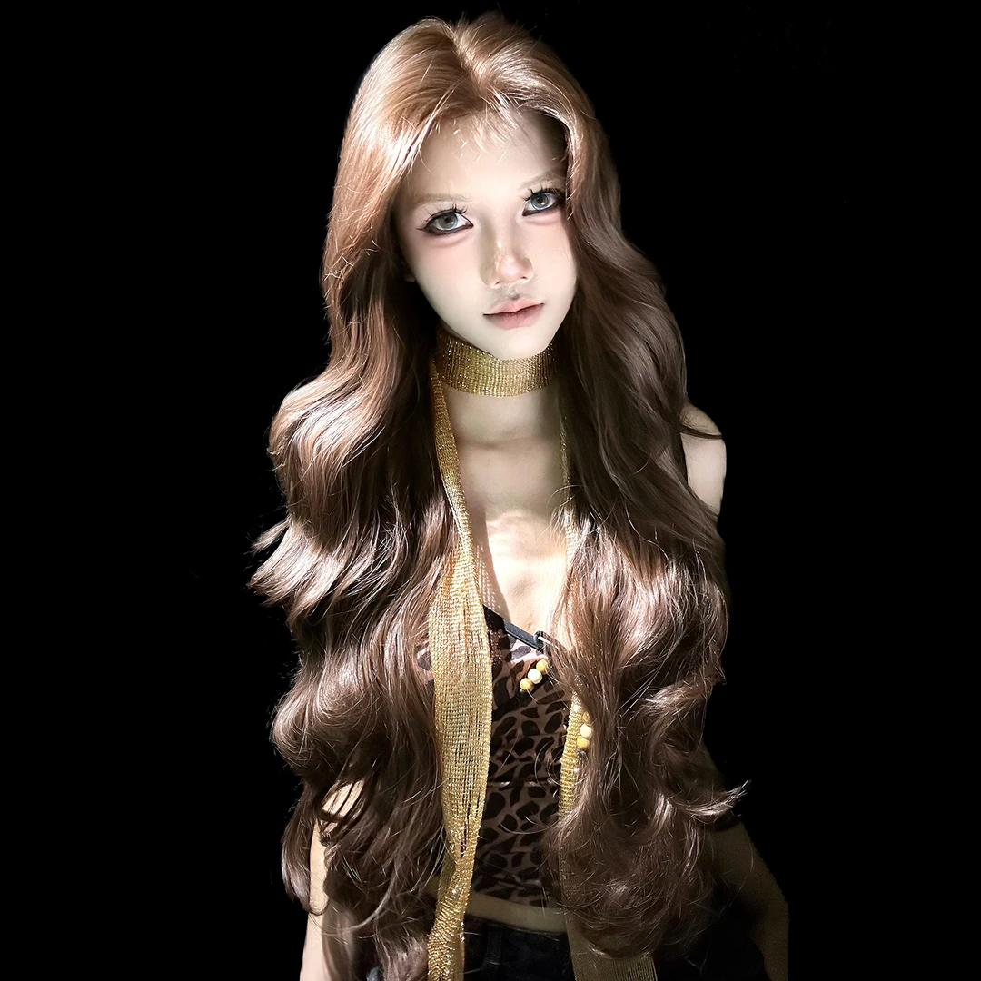 蕾丝假发女团中分刘海长卷发巧克力棕色洛丽塔Lolita全头套式自然