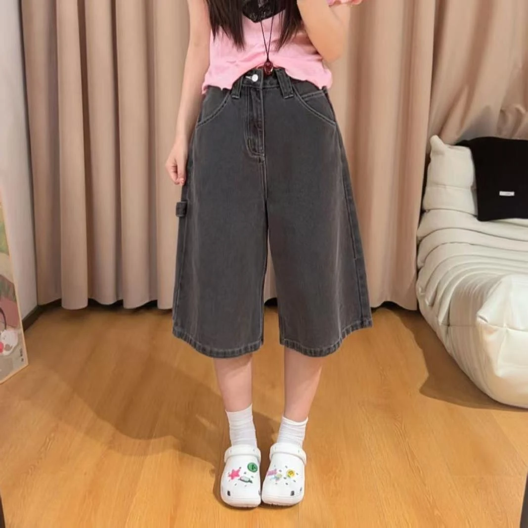 84467余小鱼【明线牛仔】黑灰色高腰时尚百搭显瘦韩版牛仔中裤女装