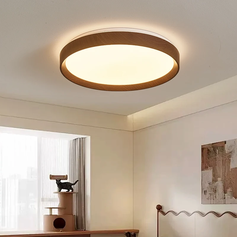 中古风简约卧室灯水转印胡桃木纹新中式圆形房间玄关阳台吸顶灯