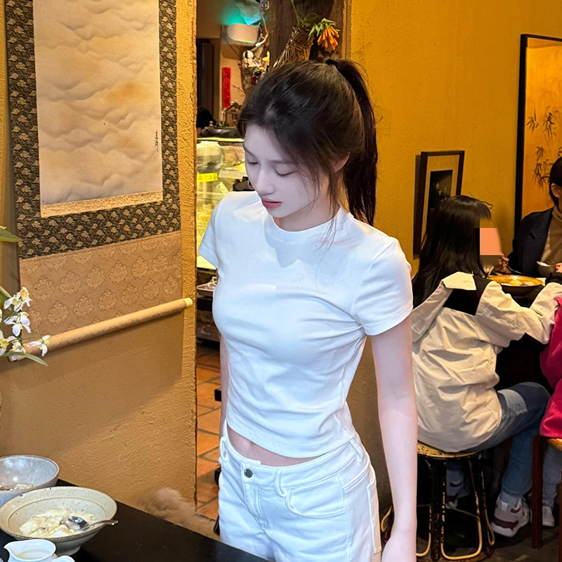 白色正肩短袖T恤女夏季新款修身内搭洋气小衫显瘦高腰打底衫上衣