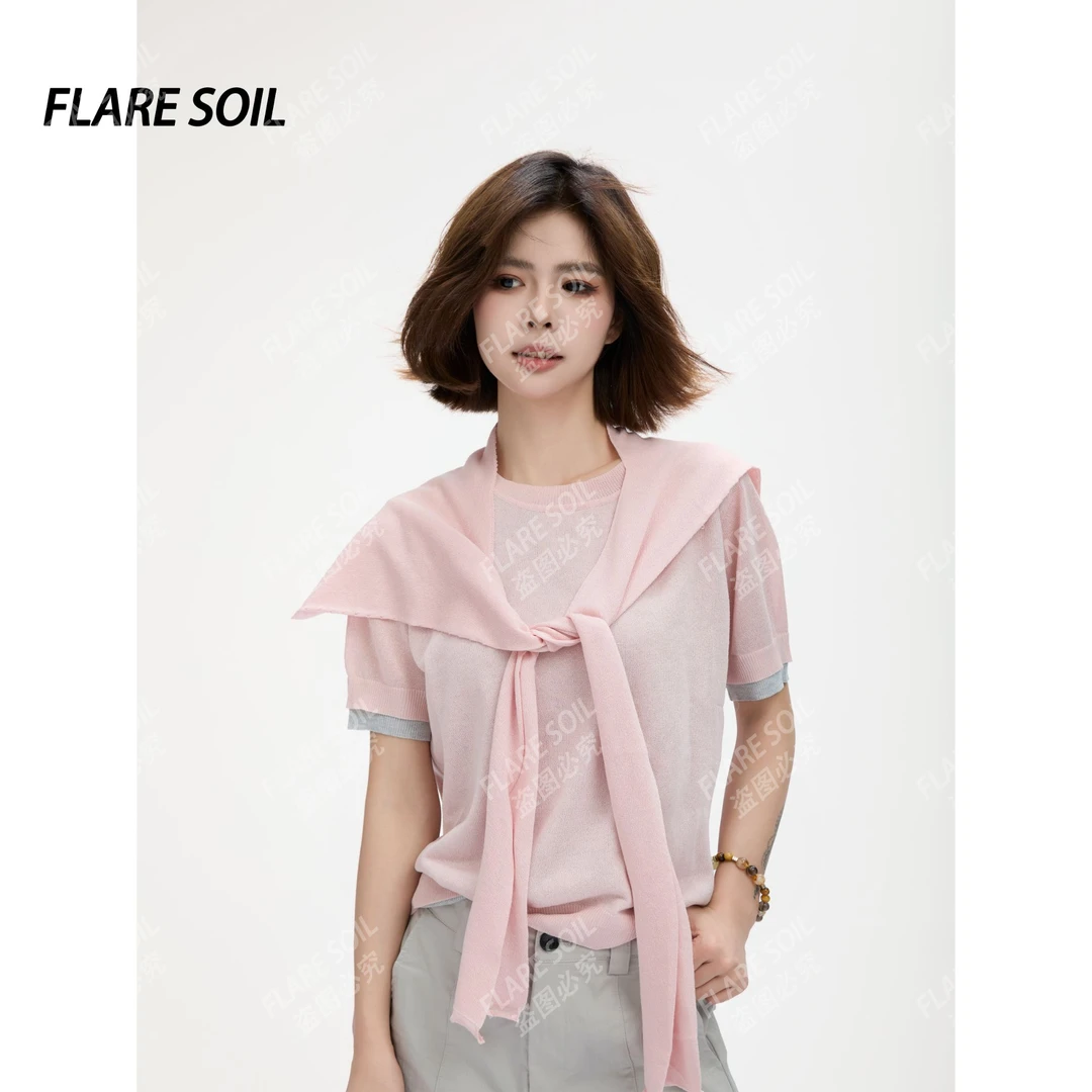 【FLARE SOIL】薄款短袖宽松型秋冬夏季休闲针织披肩毛针织衫T4110