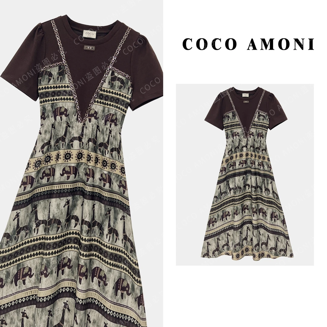 [曼姐]夏日爆款高级设计女装拼接拉绳收腰显瘦气质连衣裙ZC654