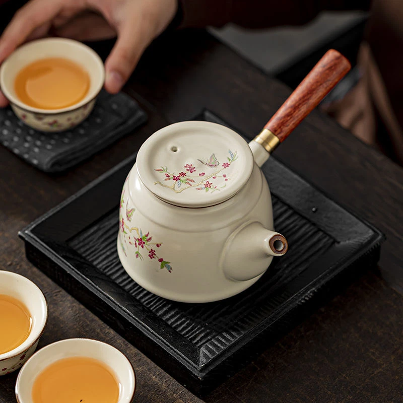 米黄汝窑家用侧把陶瓷复古大号手工泡茶壶泡茶器中式茶具手柄茶壶
