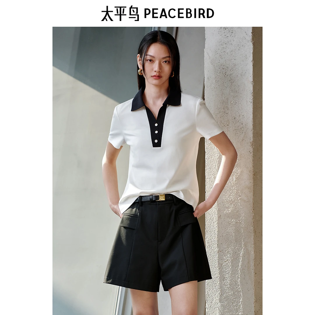【赵老板专属】太平鸟翻领撞色通勤短袖T恤新款简约质感AACNF2388