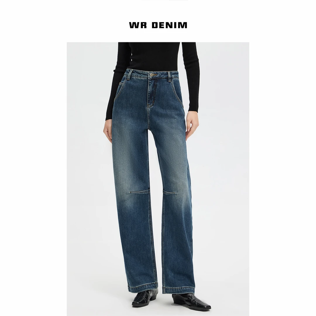 WR高腰加绒立裁解构微香蕉牛仔裤女2025冬季新款弯刀拖地裤8110