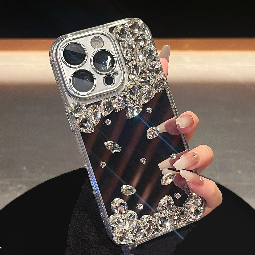 奢华闪钻补妆镜适用iPhone16promax手机壳轻奢风苹果15名媛风14