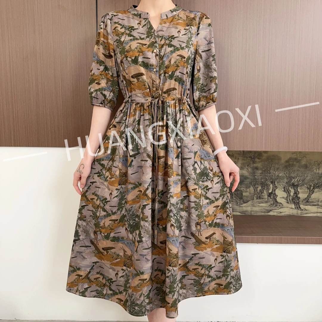 HUANGXIAOXI 松鹿图小雏菊单层双面双穿连衣裙ZF-302