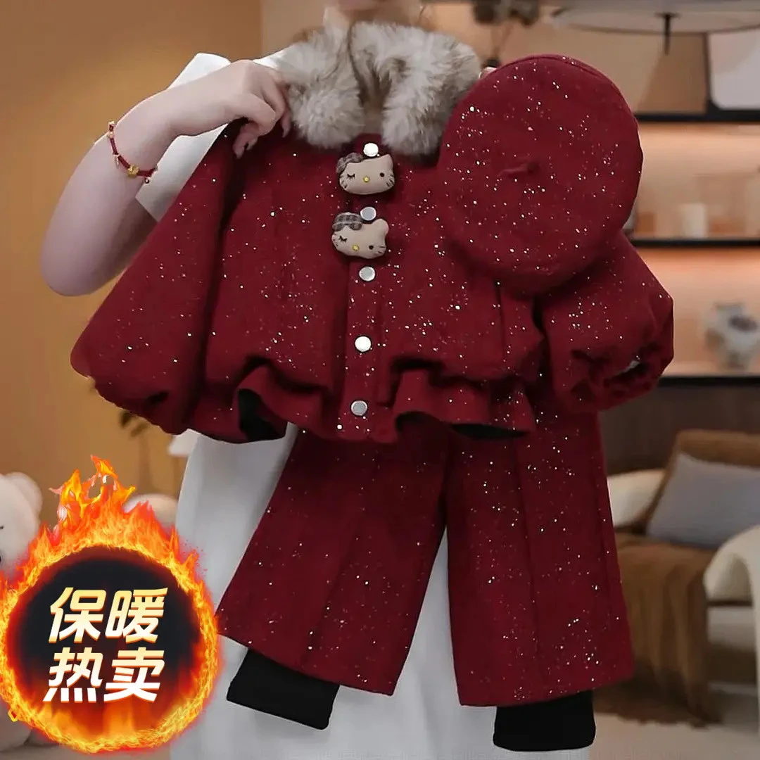 童装【断码】女童加绒加厚款毛呢套装2025新款冬儿童中保暖翻领洋气