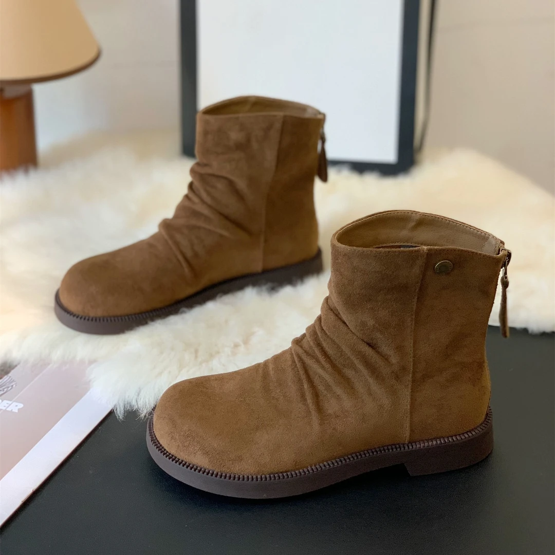欧美风格褶皱设计复古吸睛后拉链好穿时装靴2025年秋冬潮酷瘦瘦靴