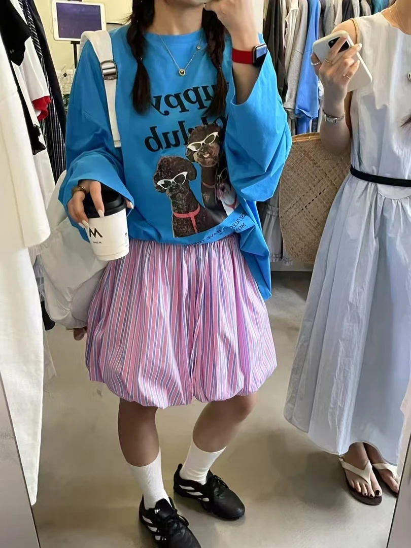 [ Caaa ] 小韩粉色条纹花苞裙 可爱狗狗T恤套装 可单拍