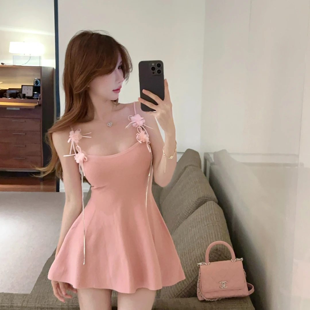 小个子露锁骨甜美性感粉色连衣裙超短款修身收腰显瘦针织背心裙夏