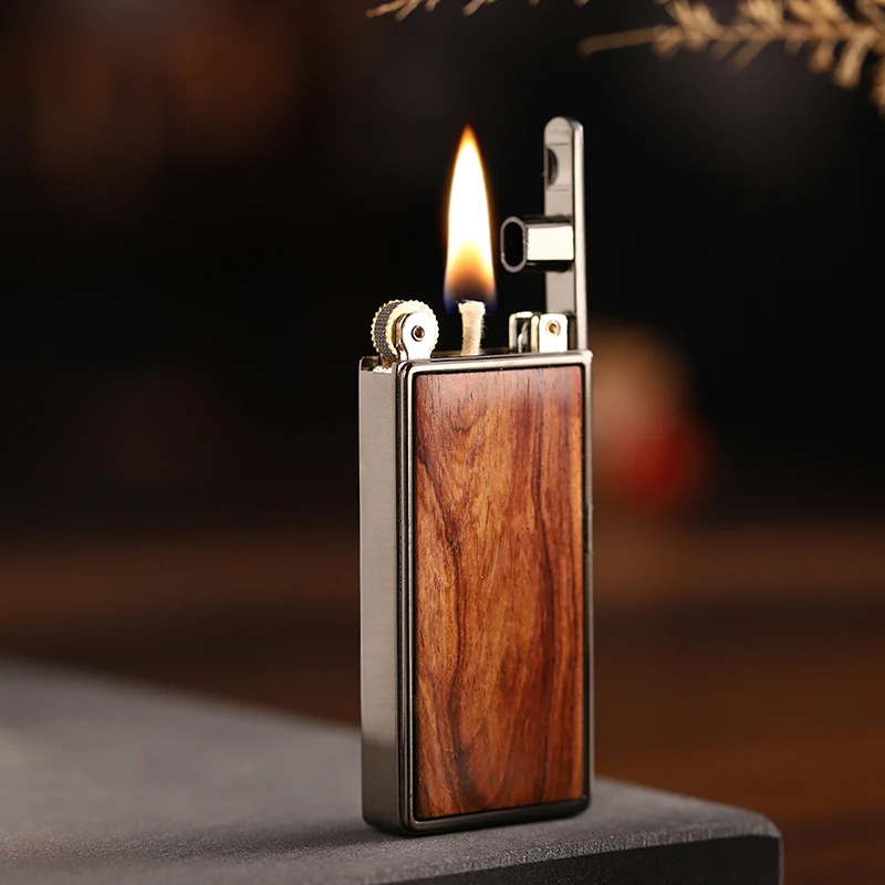 高端红木越南黄花梨煤油打火机升降式砂轮点火超薄机芯