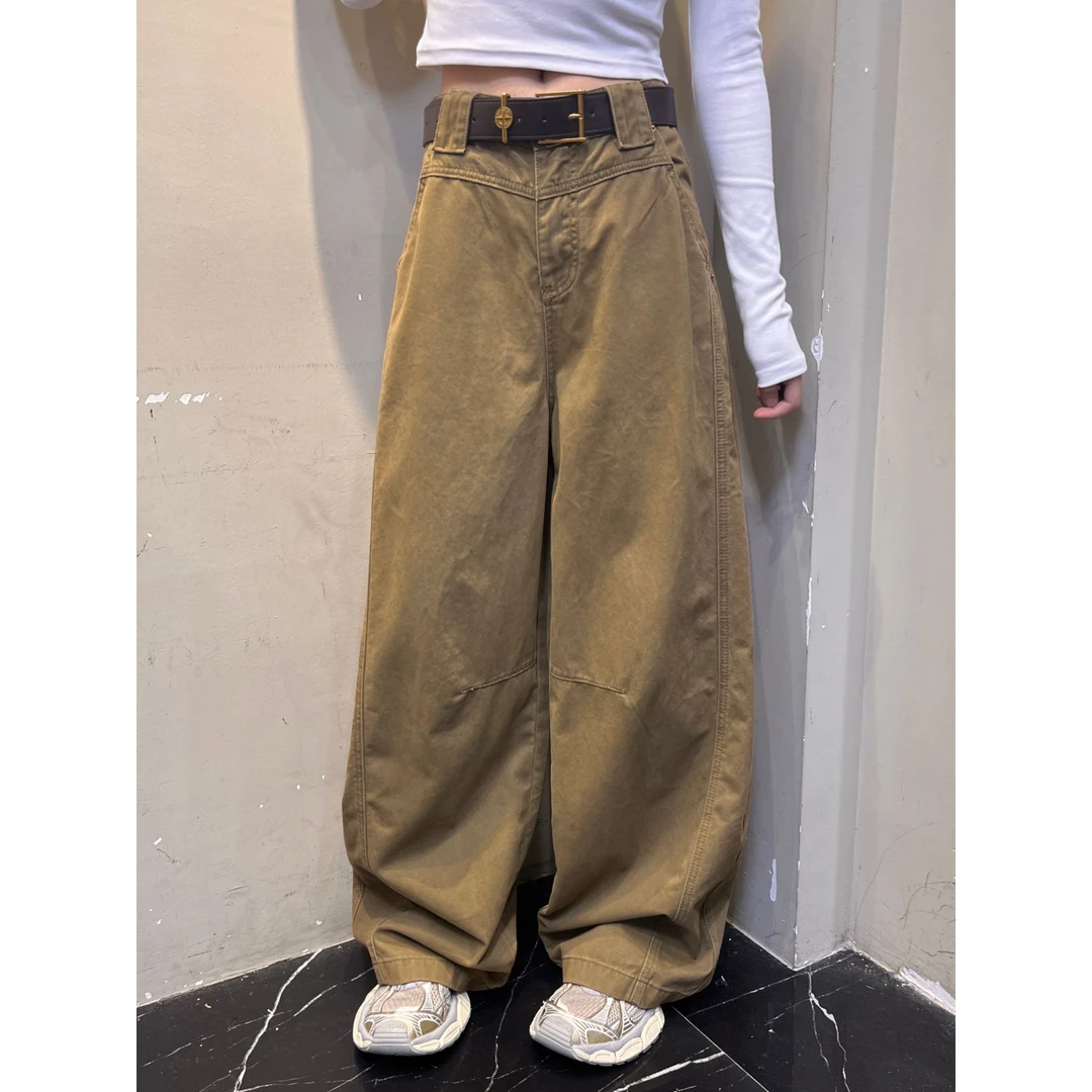 复古设计立体口袋宽松简约休闲弯刀裤女秋季百搭高街阔腿拖地裤子