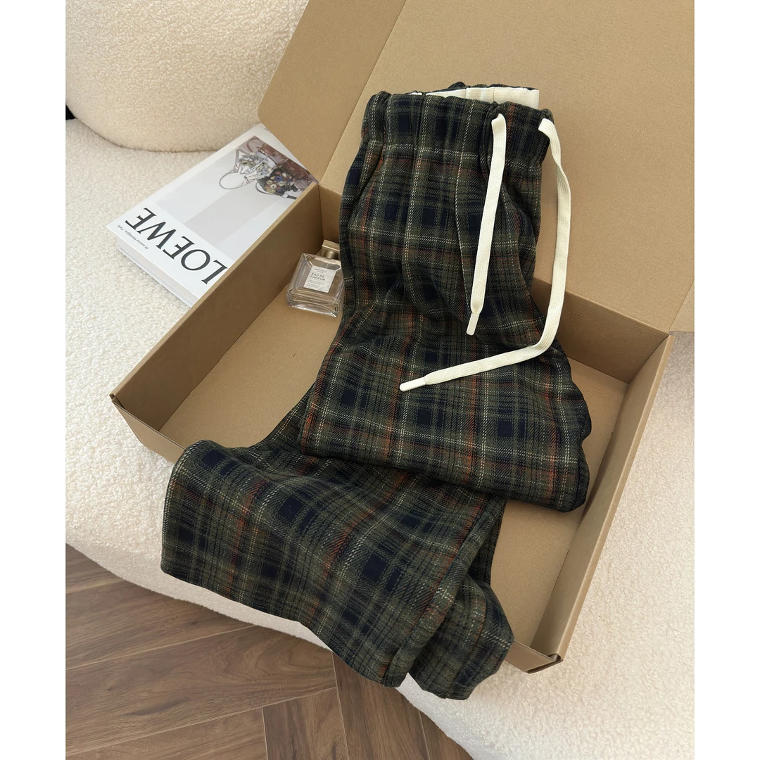 设计感撞色格子裤女复古慵懒拖地直筒裤高腰垂感毛呢阔腿裤子