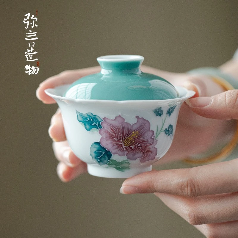 弥言纯出水芙蓉花盖碗单个高档陶瓷泡茶碗茶杯泡茶功夫茶具不烫手