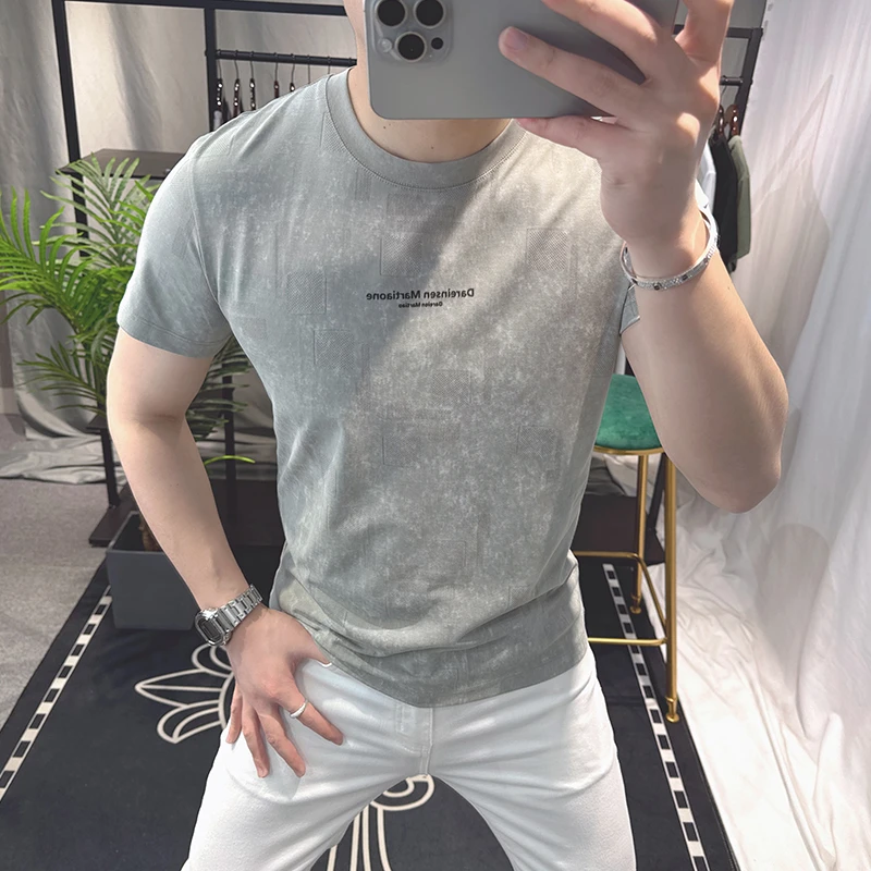 欧洲站男士丝光棉短袖T恤2025夏季新款修身圆领上衣痞帅欧货半袖
