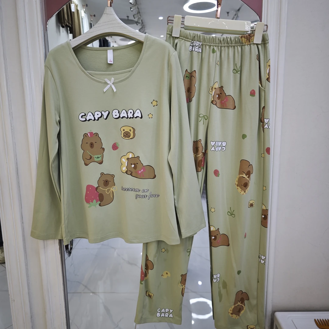 777女士带胸垫春秋长袖长裤宽松大码可外穿睡衣家居服