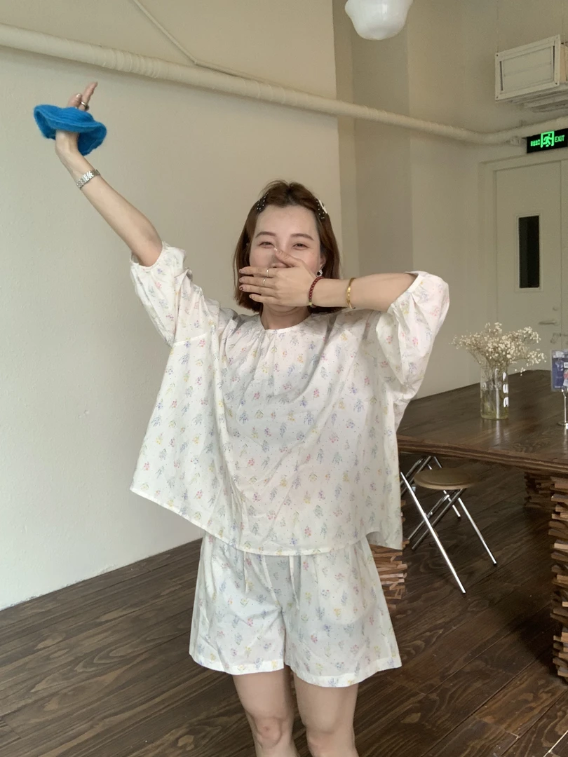 睡衣女春秋夏季纯棉开衫可爱花朵少女家居服套装#566