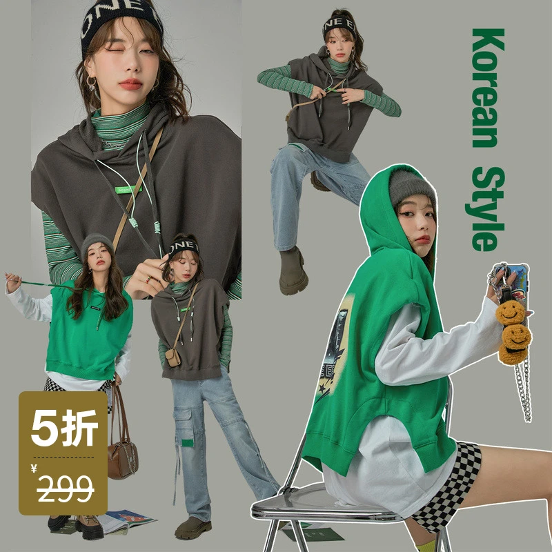 NO ONE ELSE美式复古学院风女装秋季套头连帽宽松无袖印花马夹