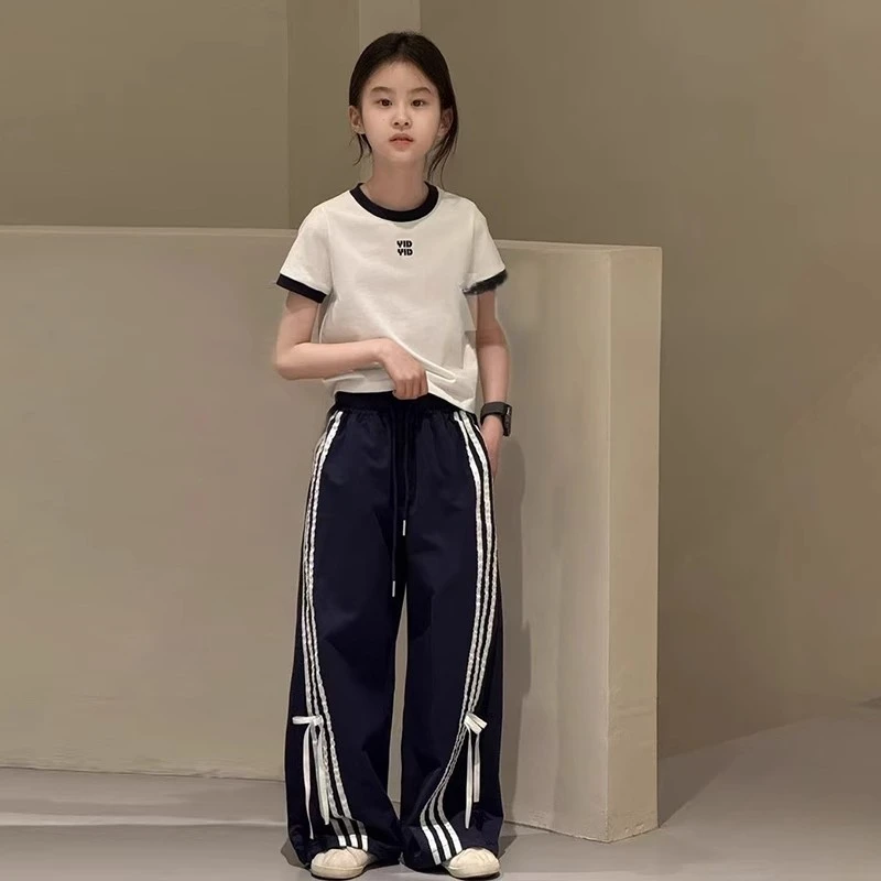 女童阔腿裤2025新款夏季韩系蕾丝系带儿童裤子大童运动宽松休闲裤