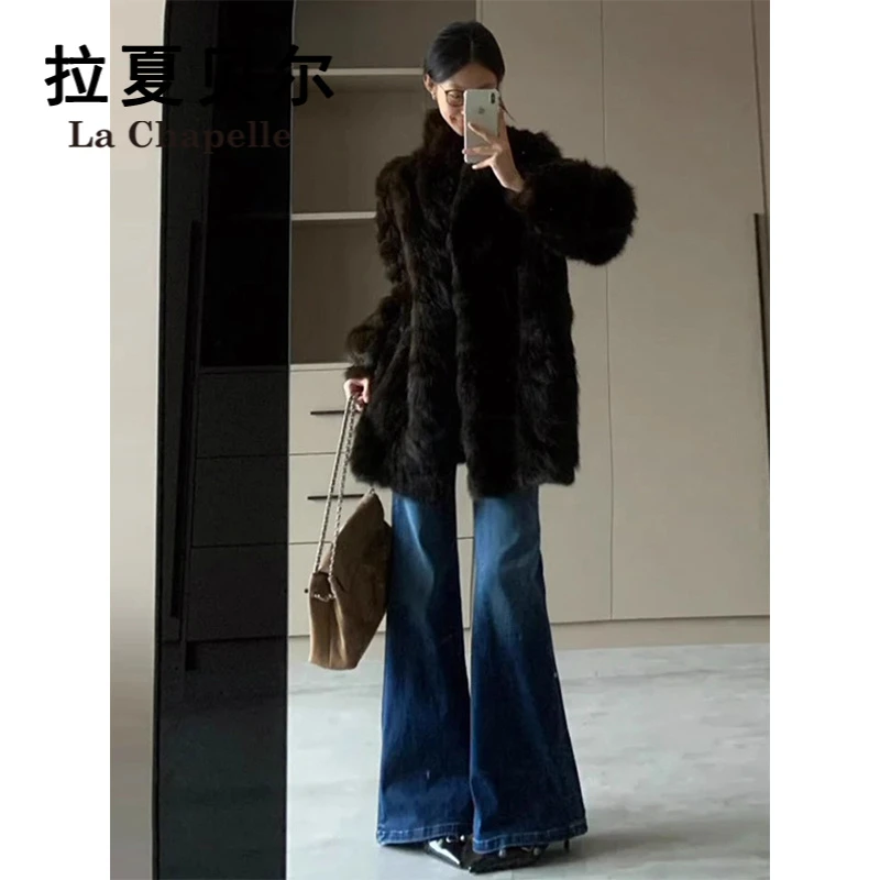 拉夏贝尔不贴腿微喇牛仔裤加绒女款秋冬季韩系气质高腰加厚喇叭裤