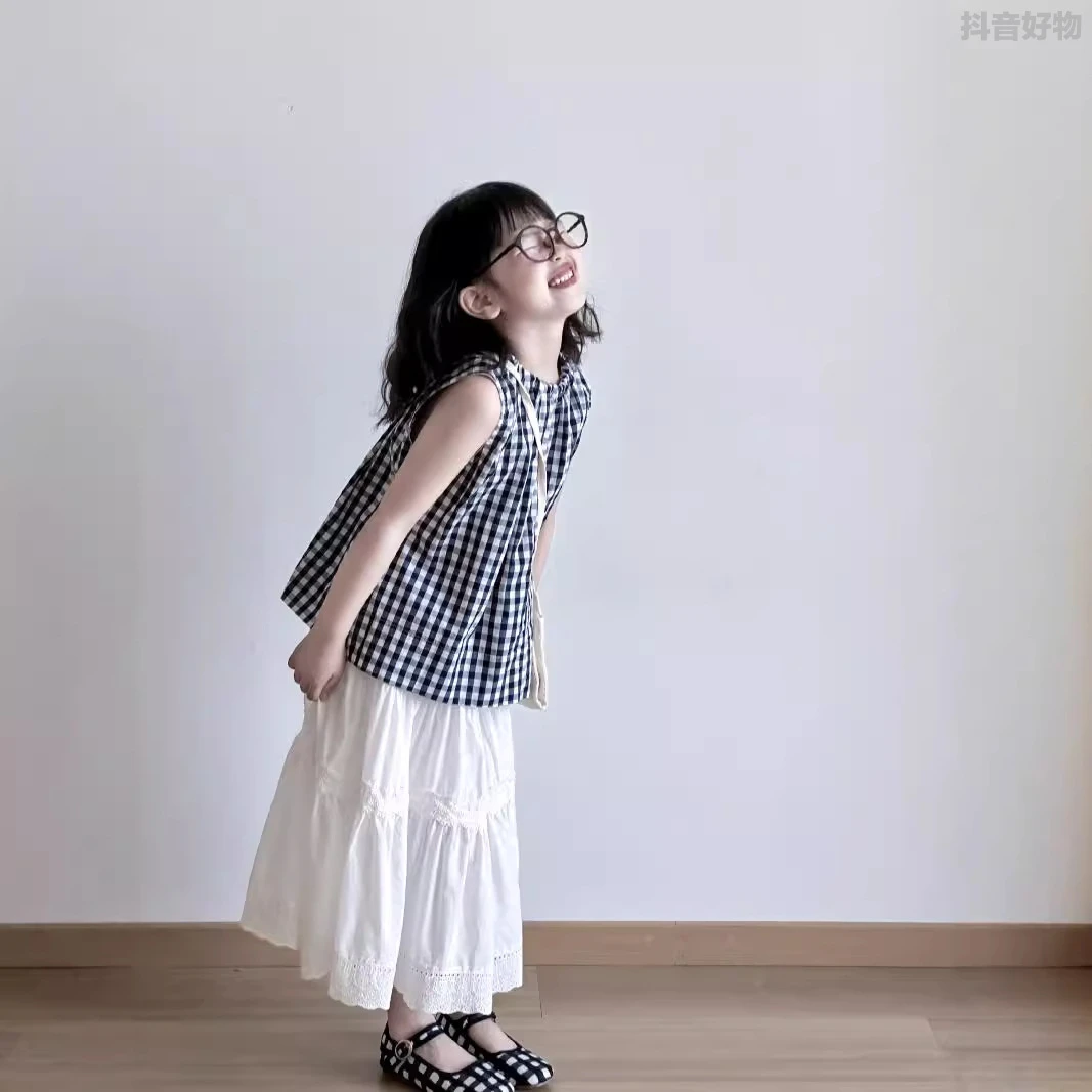 【新店活动】韩式童装夏季新款女童森系棉布格子无袖衬衫娃娃衫