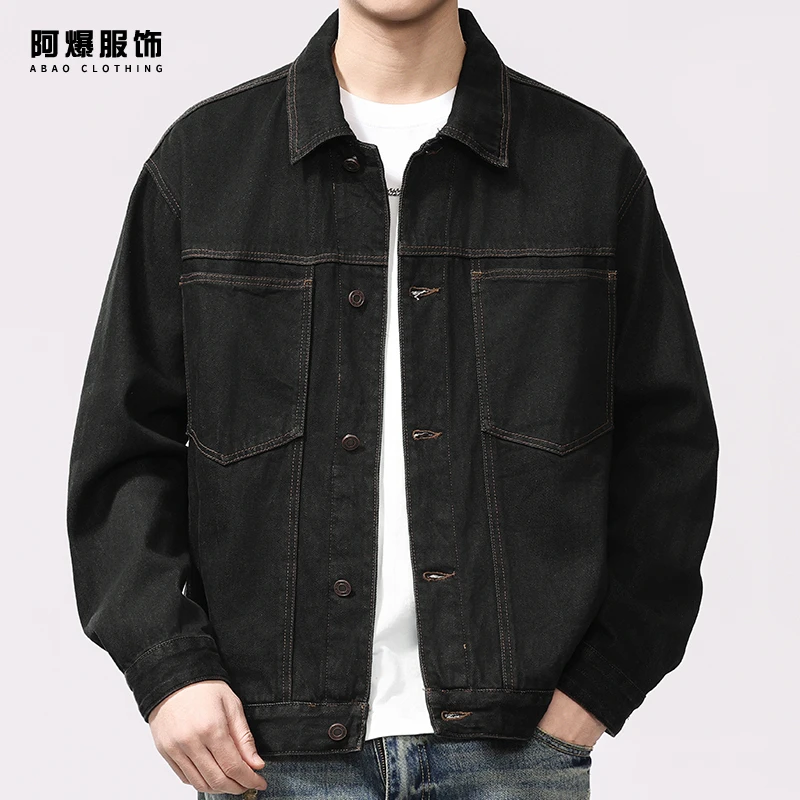 【阿爆服饰】纯棉纱线牛仔外套男士2025新款春季高级感宽松翻领夹克