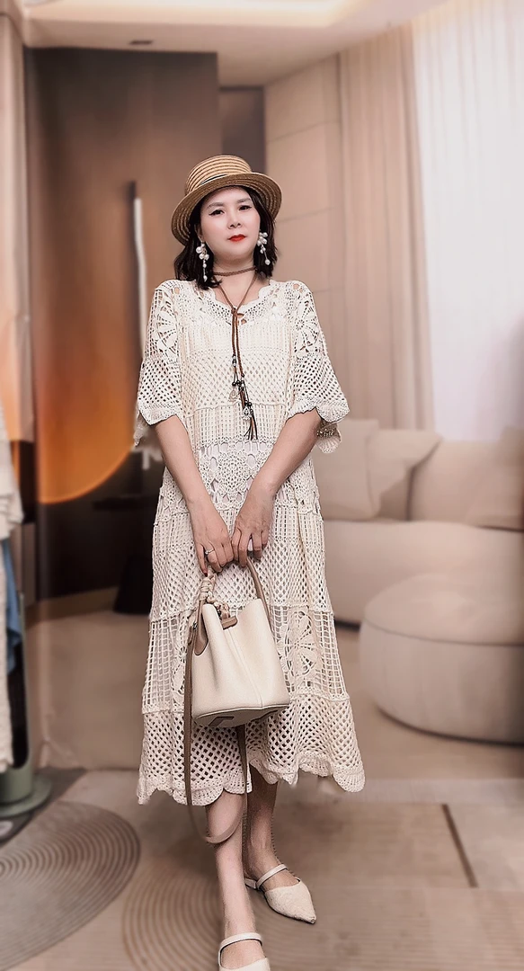 （月光）时尚优雅镂空针织套装勾花上衣大摆长裙