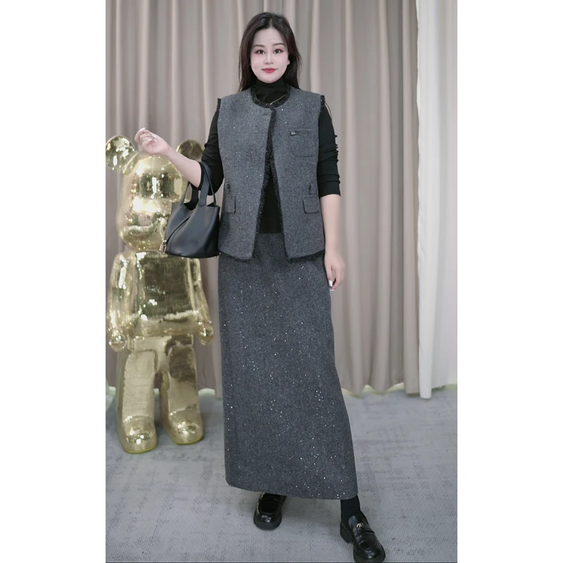 2025秋季新款时尚套装裙女小香风马甲洋气减龄打底衫半身裙三件套