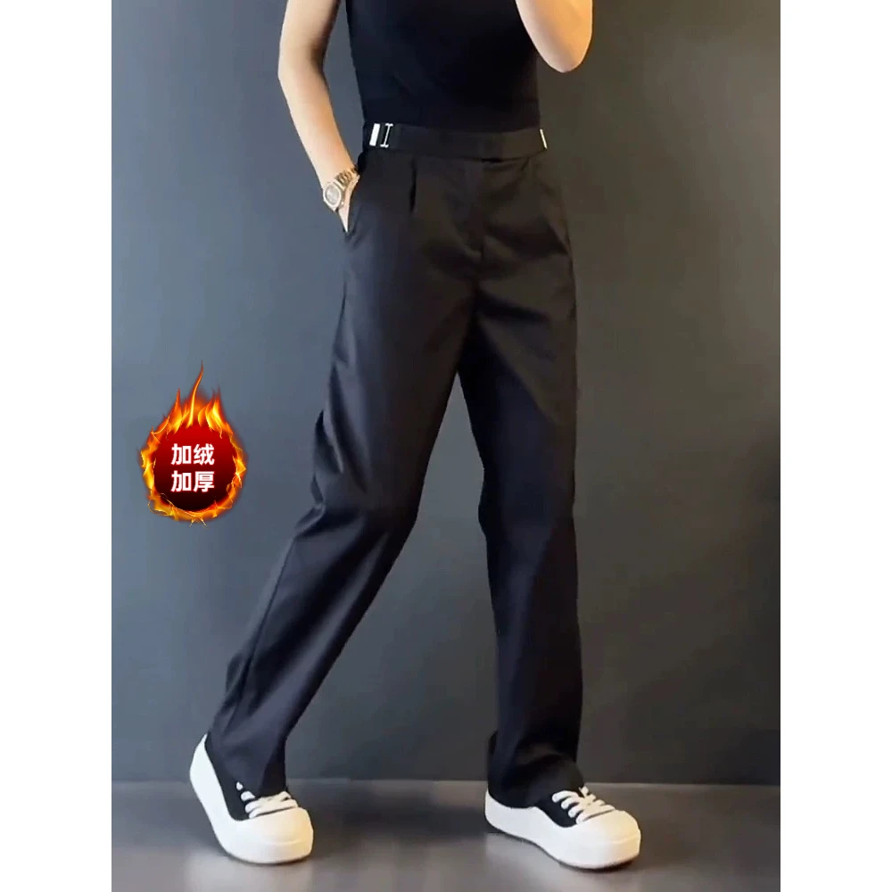 秋冬加厚加绒商务男装男士时尚新款法式拉腰阔腿休闲裤直筒高级感