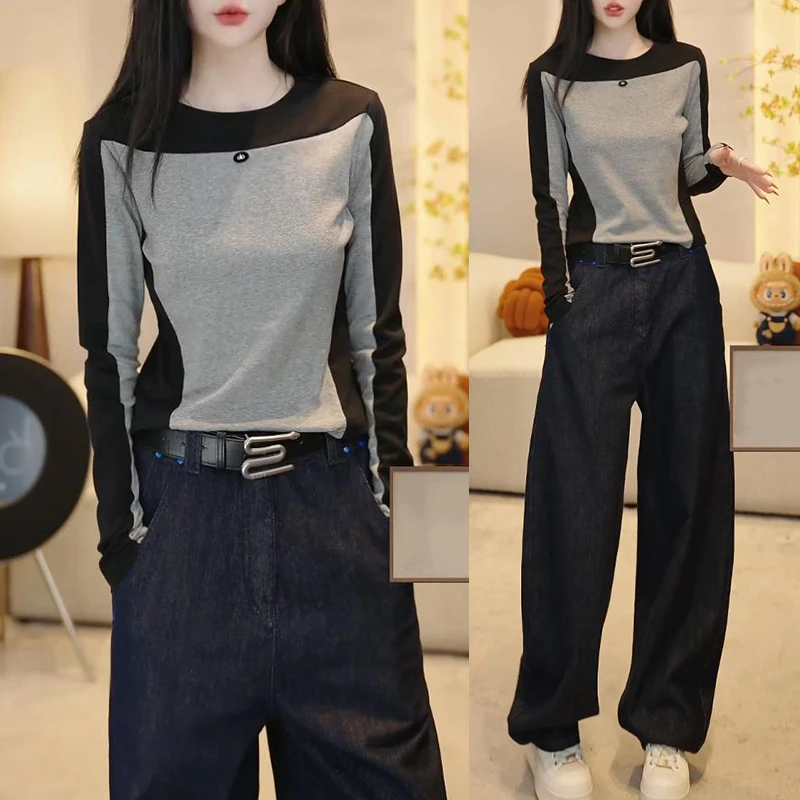 2025秋季新款腰线拼色显瘦长袖打底衫T恤女士阔腿牛仔裤时尚套装
