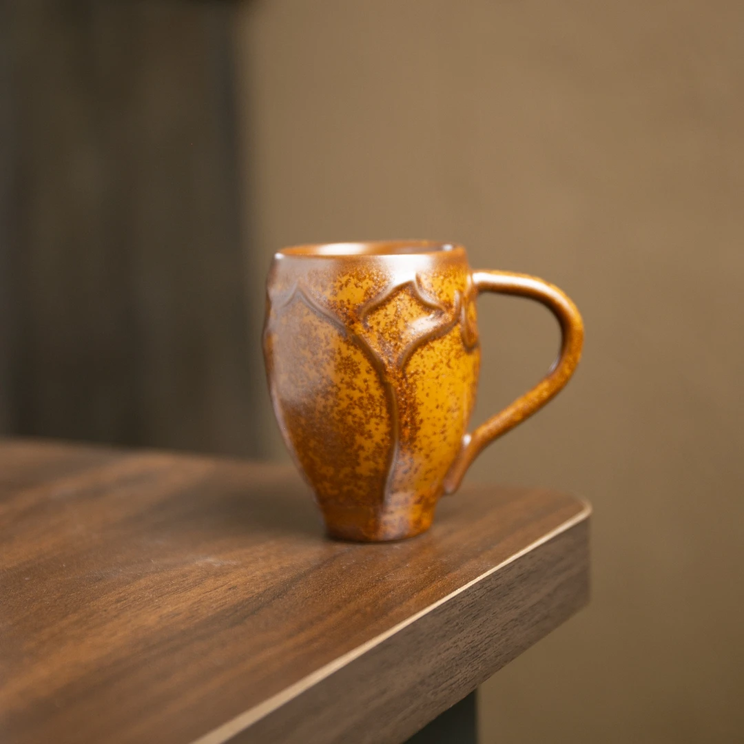【境悟器】黄金瓷把手荷花杯.2310.品茗杯金针釉复古中式主人杯茶杯