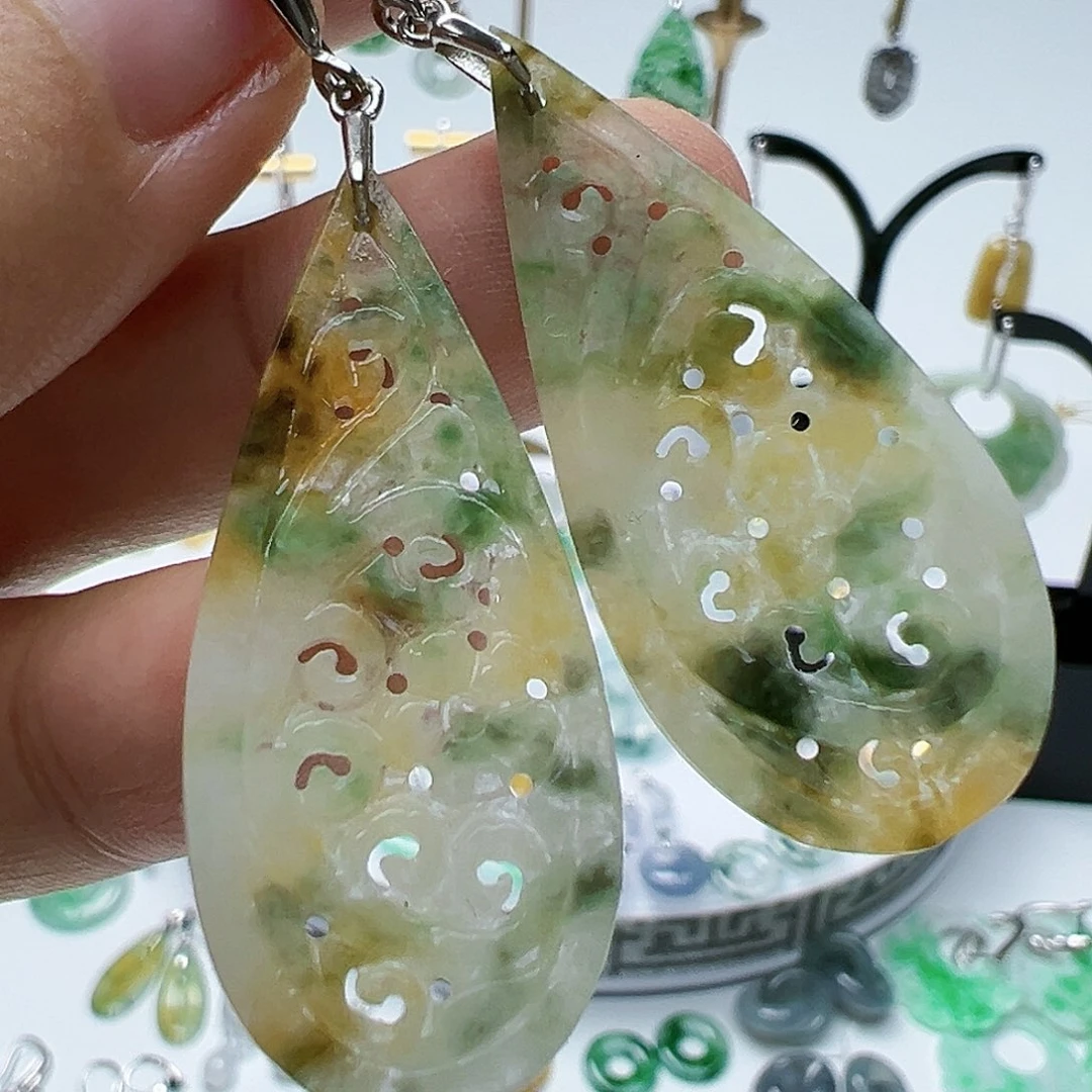 银S925镶嵌翡翠耳饰天然缅甸A货翡翠