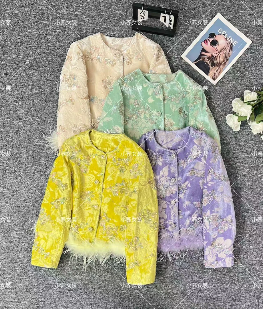 高端定制进口金属丝90白鸭绒重工钉珠刺绣亮片轻奢羽绒服外套